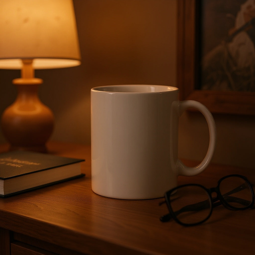 Custom photo mug in office environment, perfect desk companion for tea lovers, editorial style