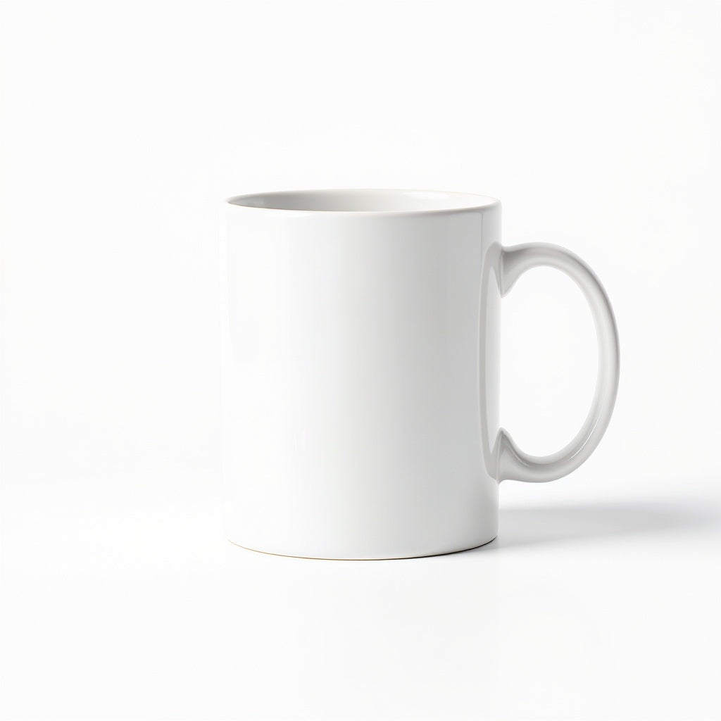 Hero shot of ceramic mug with custom photo print on white studio background, full product visible