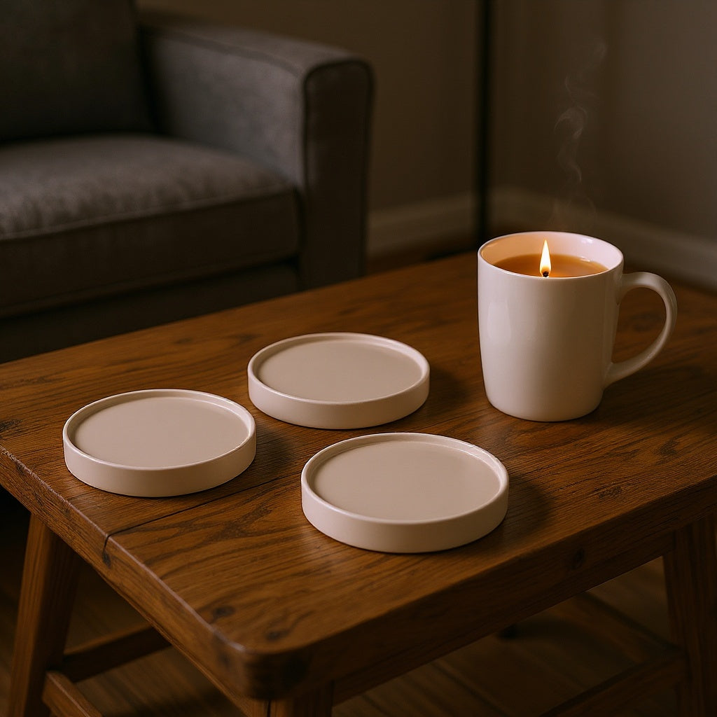Ceramic Photo Coaster on a coffee table with a mug, showcasing its use in daily life