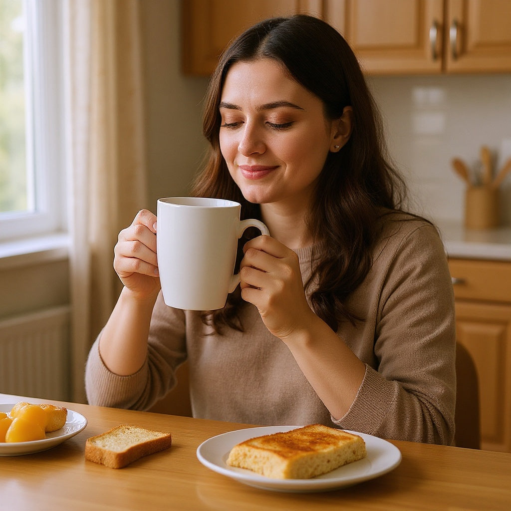 Ceramic Photo Mug in a cozy kitchen setting, enjoying morning coffee, natural lighting