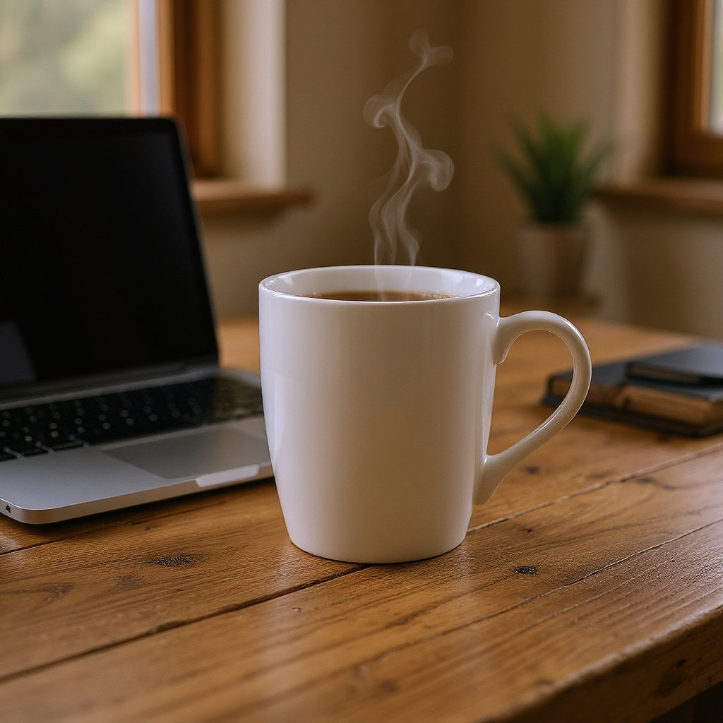 Ceramic Photo Mug on a desk workspace, holding pens and notebooks, editorial style