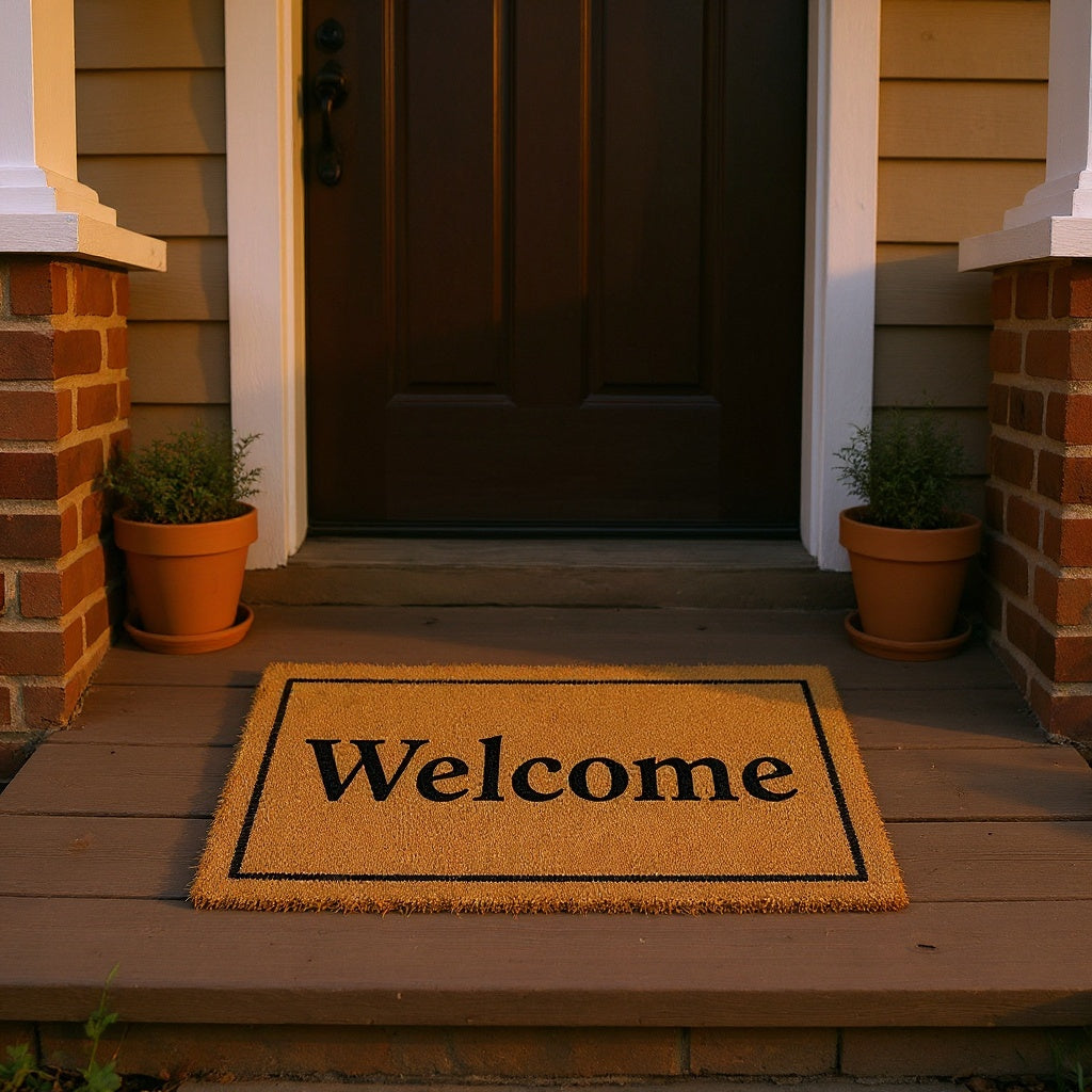 Farmhouse Style Doormat at front entryway welcoming guests, natural daylight setting