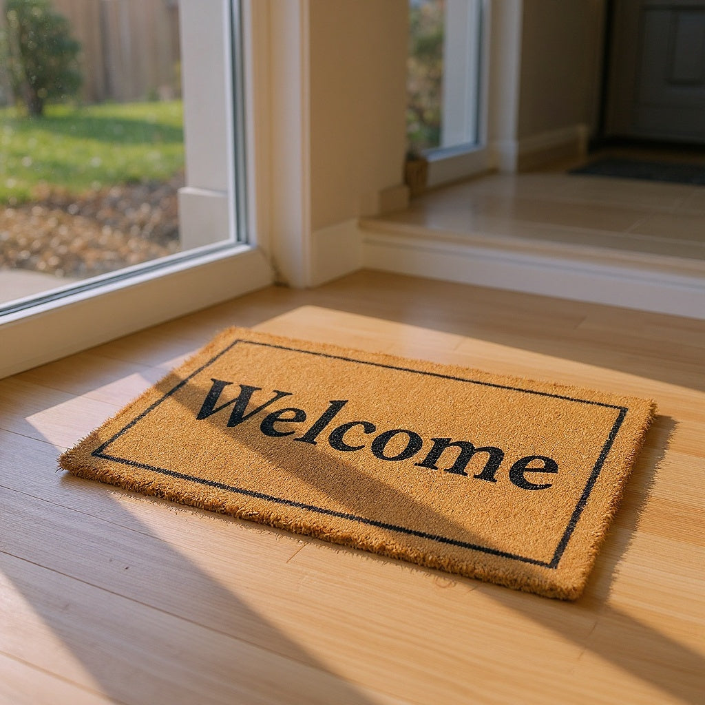 Personalized Coir Mat on porch with seasonal decor, lifestyle vignette composition