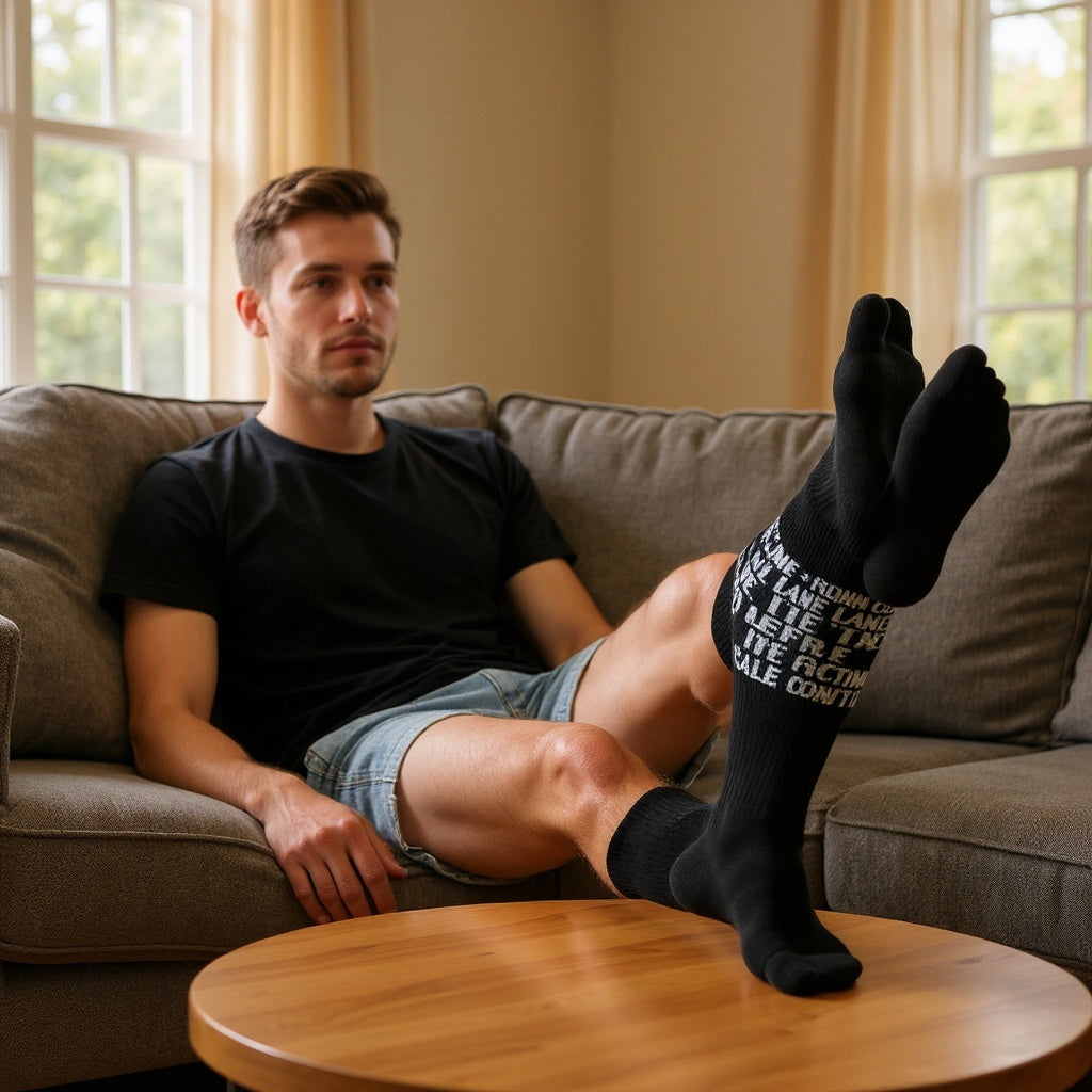 Cotton Blend Personalized Socks in a casual home setting, lounging on the couch, natural lighting