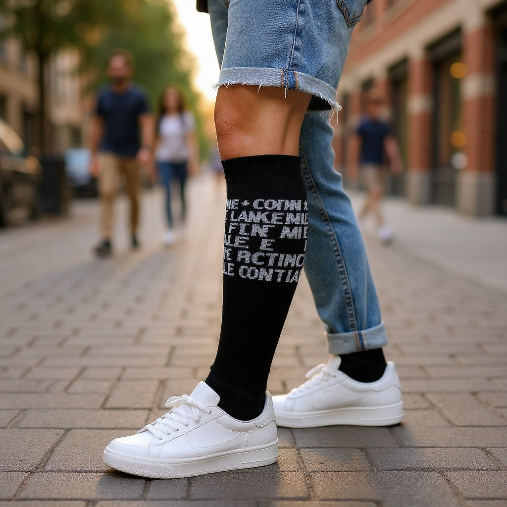 Cotton Blend Personalized Socks in an outdoor hiking scene, trekking on a trail, editorial style