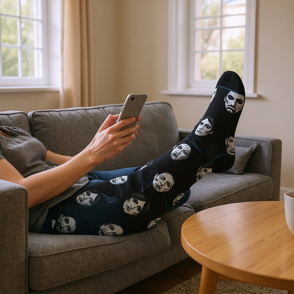 Cotton Blend Socks in a cozy indoor scene, lounging on a couch, editorial style