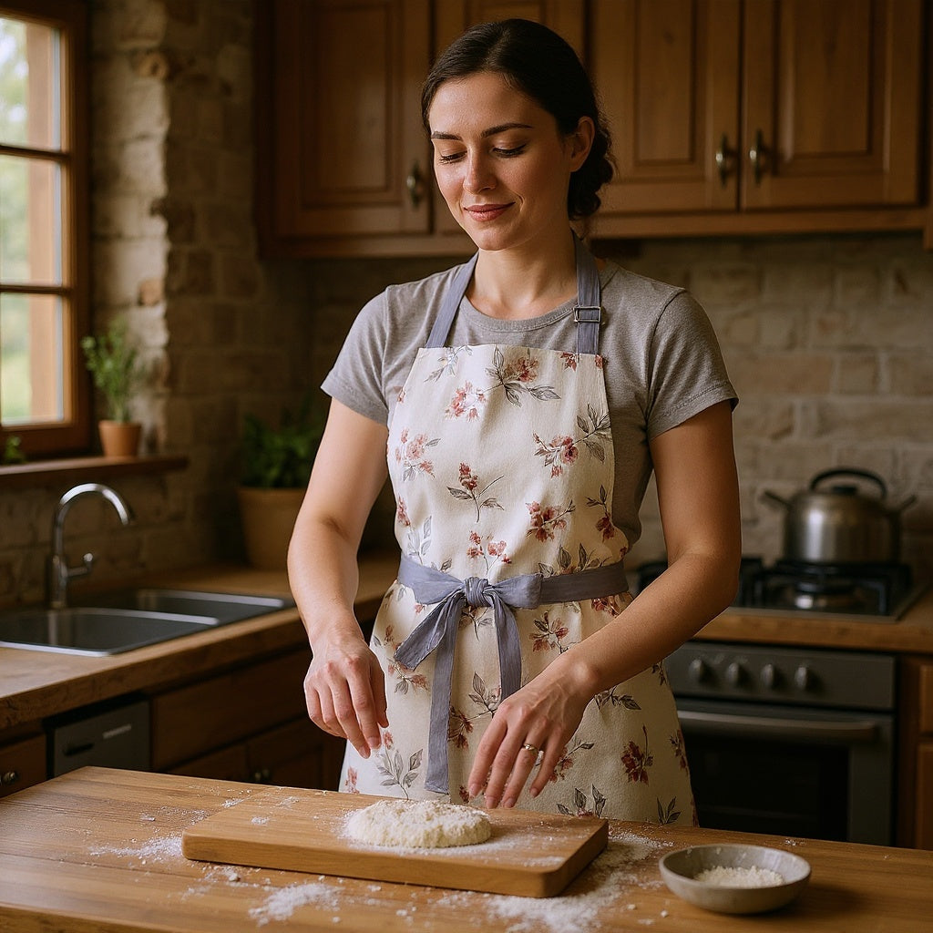 Cotton Kitchen Apron in a rustic kitchen setting, preparing homemade bread, natural lighting