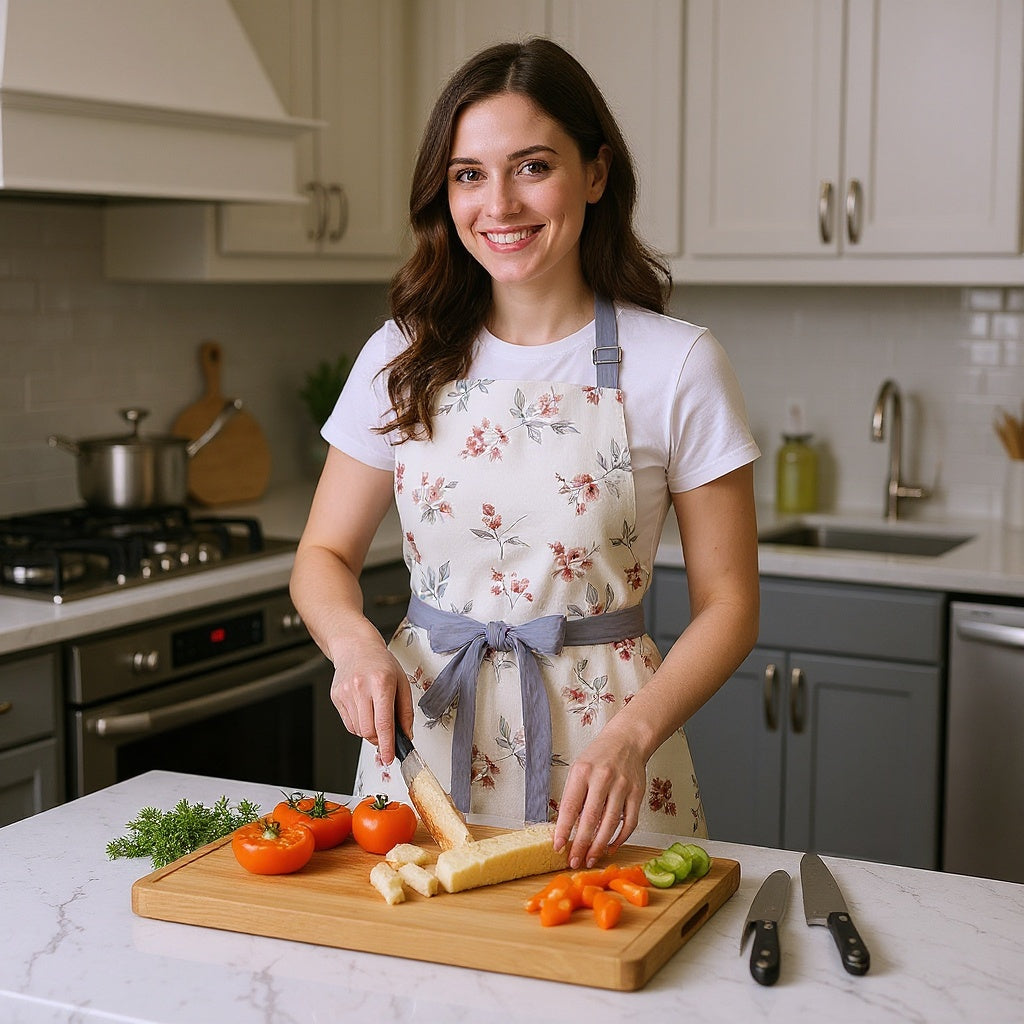 Cotton Kitchen Apron in a garden party scene, hosting outdoors, editorial style