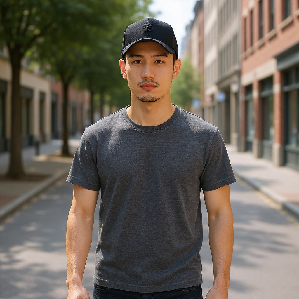 Cotton-Polyester Blend Hat in urban setting, worn casually with streetwear, natural lighting