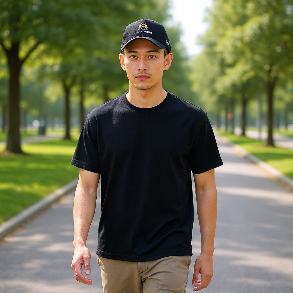 Cotton-Polyester Blend Embroidered Hat in outdoor setting, casual wear, natural lighting