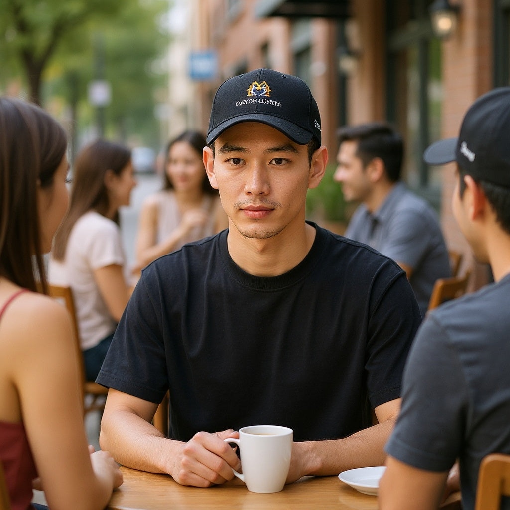 Cotton-Polyester Blend Embroidered Hat in urban context, different moment, editorial style