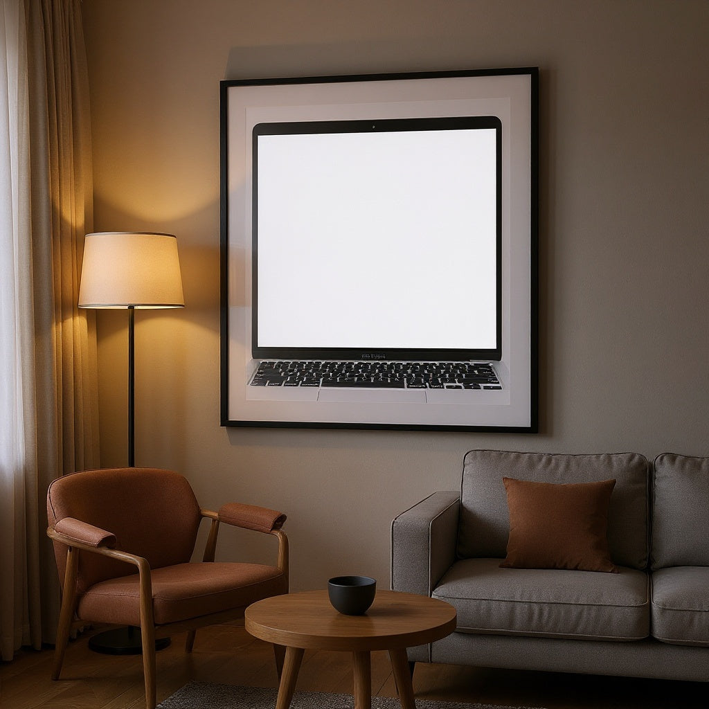 Digital custom photo download in a cozy bedroom setting, showcasing warm tones, editorial style