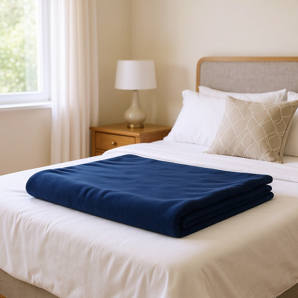 Fleece Photo Blanket in a bedroom scene, covering a bed for added comfort, editorial style