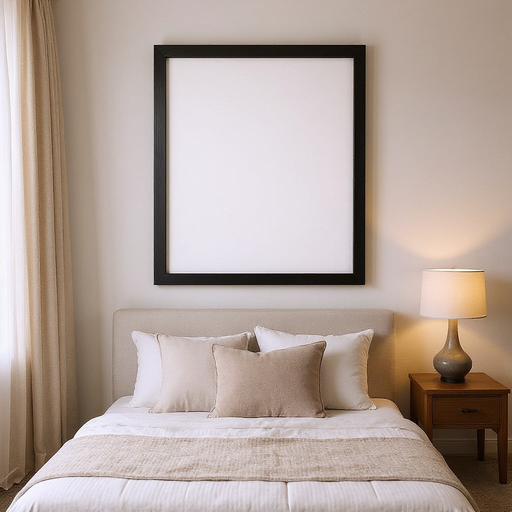 Gallery-Wrapped Canvas Print in a cozy bedroom setting, adding artistic touch, editorial style