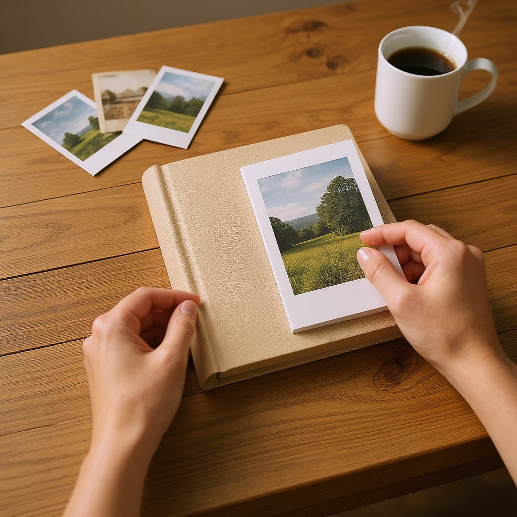 Linen Personalized Photo Album in a cozy living room, storing cherished family photos, natural lighting