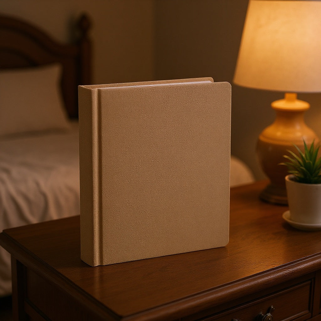 Linen Personalized Photo Album on a rustic wooden desk, open to display memories, editorial style