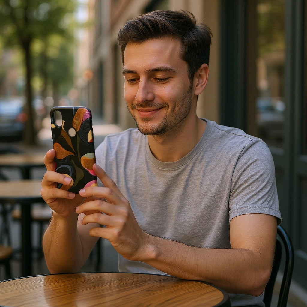 Plastic Custom Photo Phone Case in a coffee shop setting, protecting a smartphone, natural lighting
