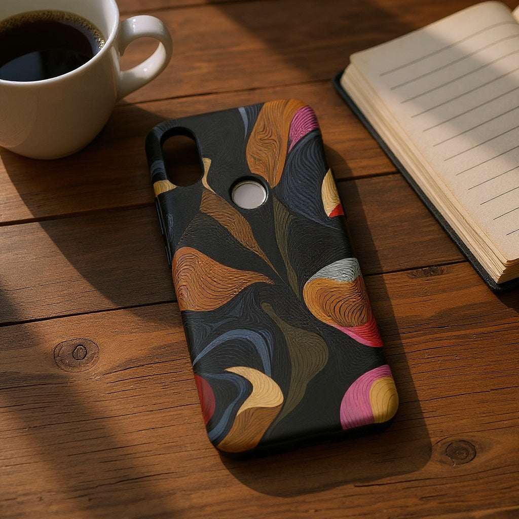 Plastic Custom Photo Phone Case on a desk with accessories, editorial style