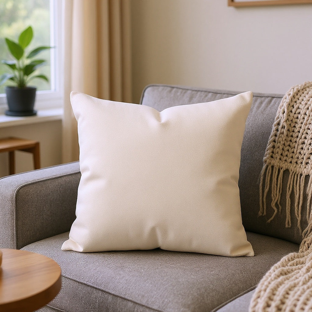 Polyester Personalized Throw Pillow in a cozy living room setting, resting on a sofa