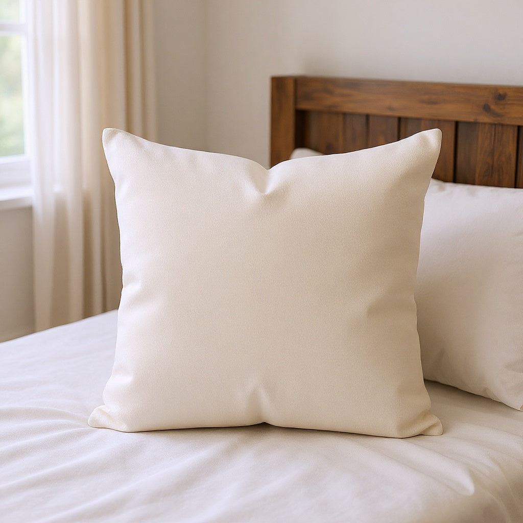 Polyester Personalized Throw Pillow on a bed, complementing neutral-toned bedding in natural light