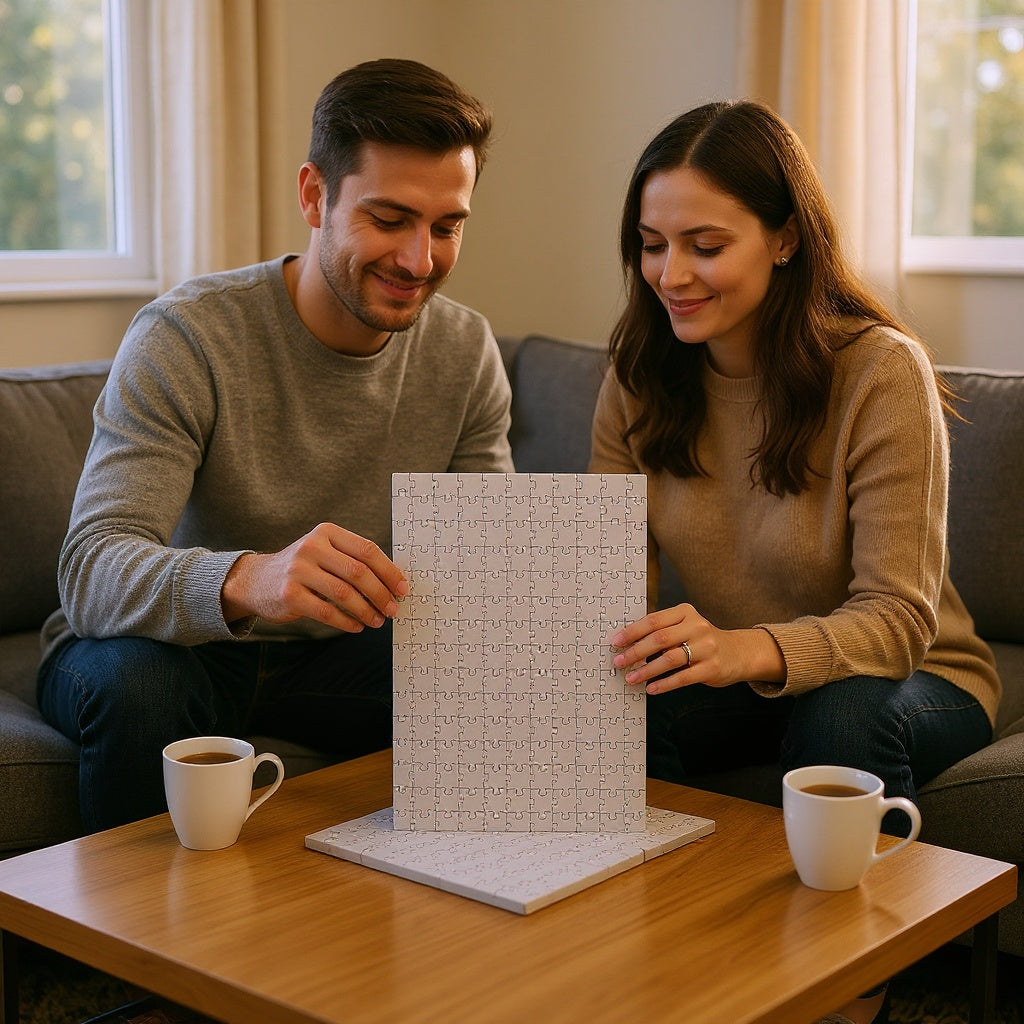 Premium Cardboard Photo Puzzle in a cozy living room, family assembling puzzle, natural lighting