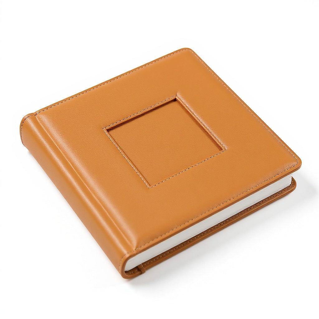 Premium leather photo album from alternative angle showing side profile and binding