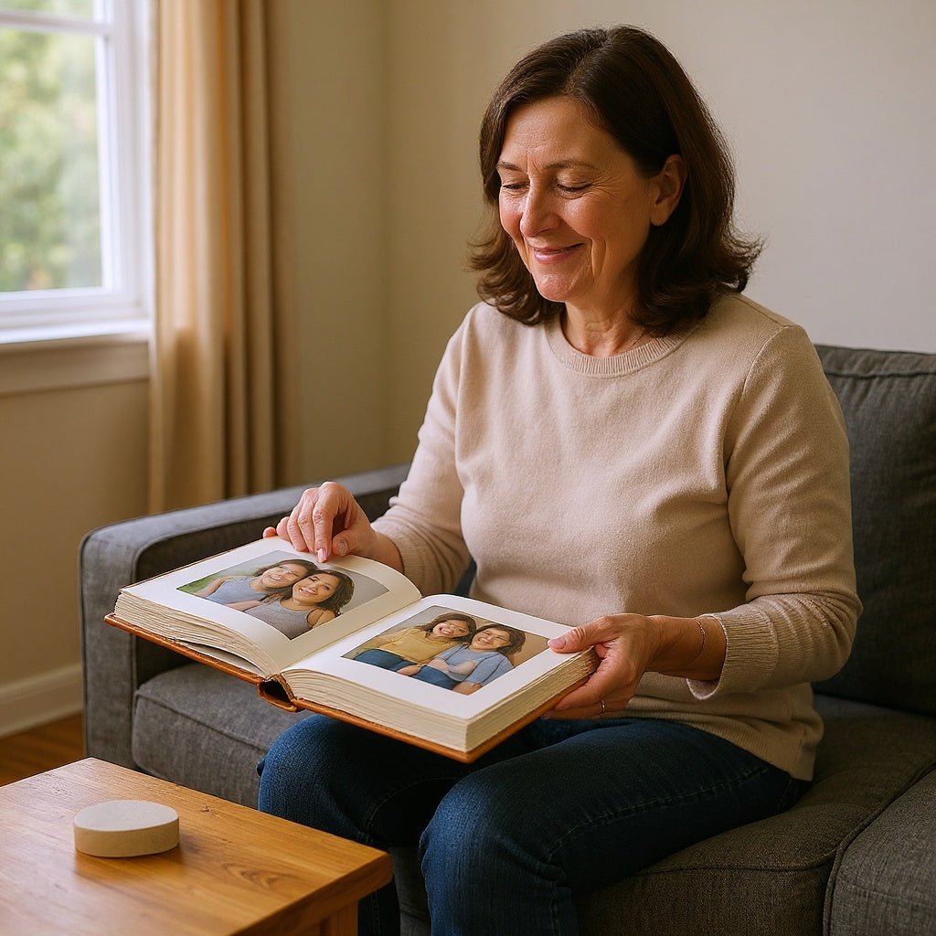 Personalized leather photo album in a cozy living room setting, holding cherished memories