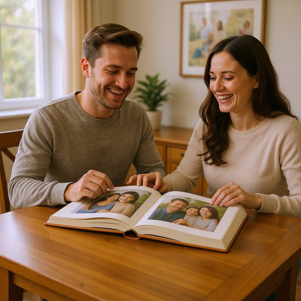 Elegant leather photo album on a rustic wooden table, showcasing its neutral tones