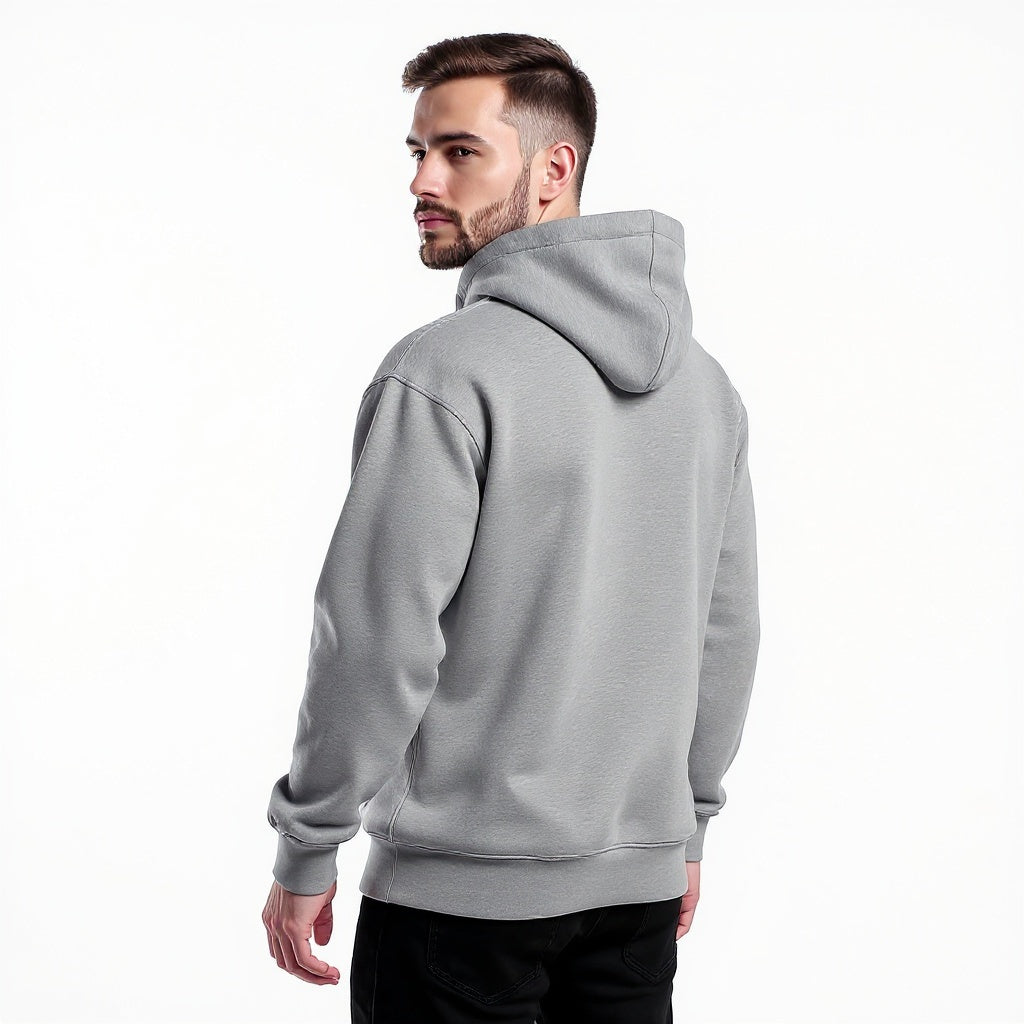 Unisex cotton blend hoodie from alternative angle showing side profile and construction details