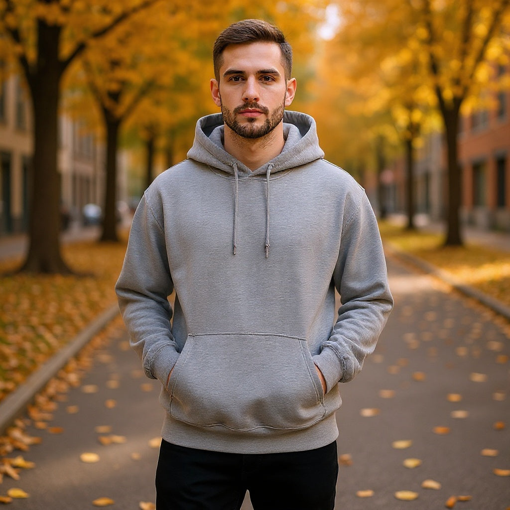 Unisex cotton blend hoodie in urban street setting, casual stroll, natural lighting