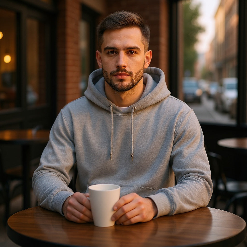 Unisex cotton blend hoodie in cozy indoor setting, relaxed lounge moment, editorial style