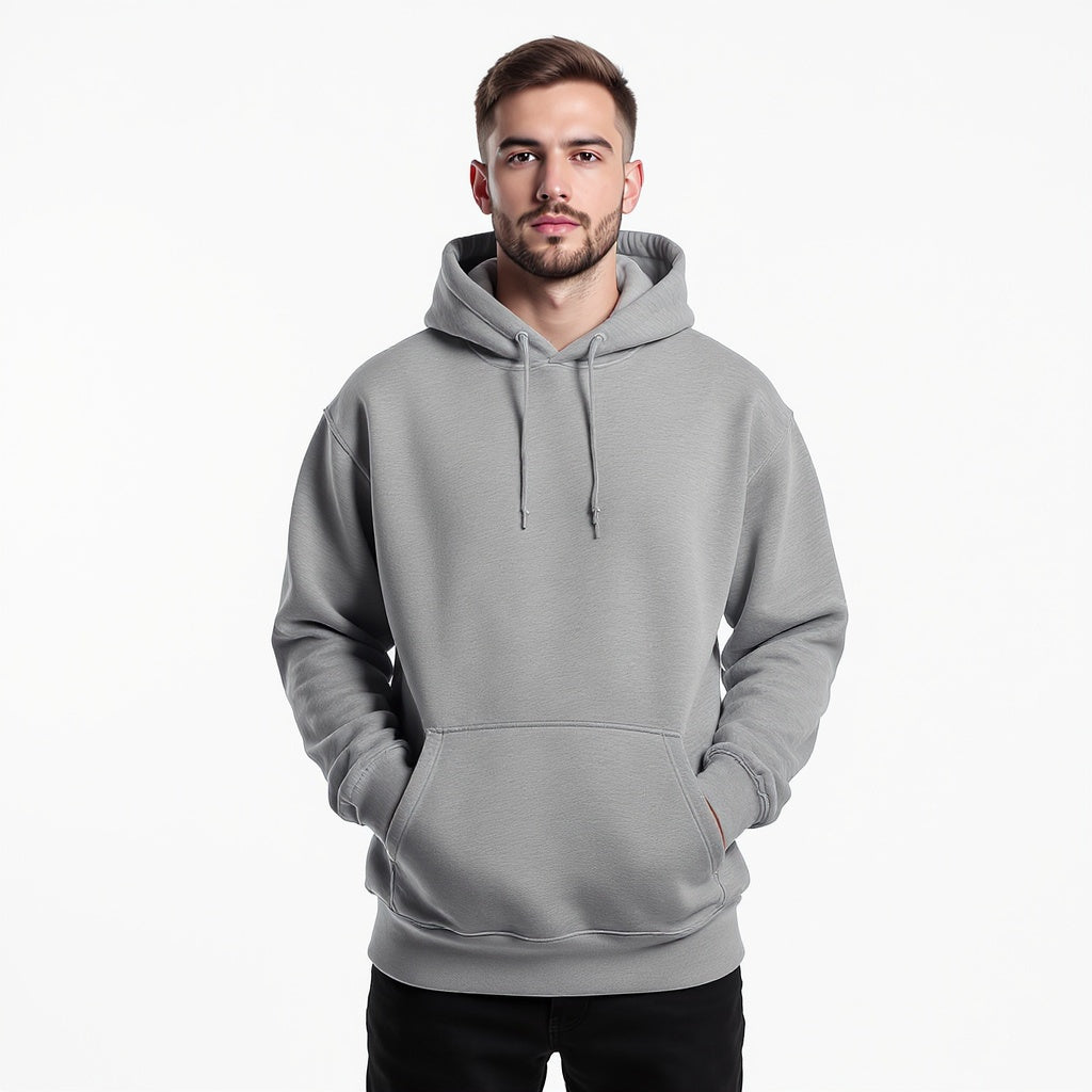 Hero shot of unisex cotton blend hoodie on white studio background, full product visible
