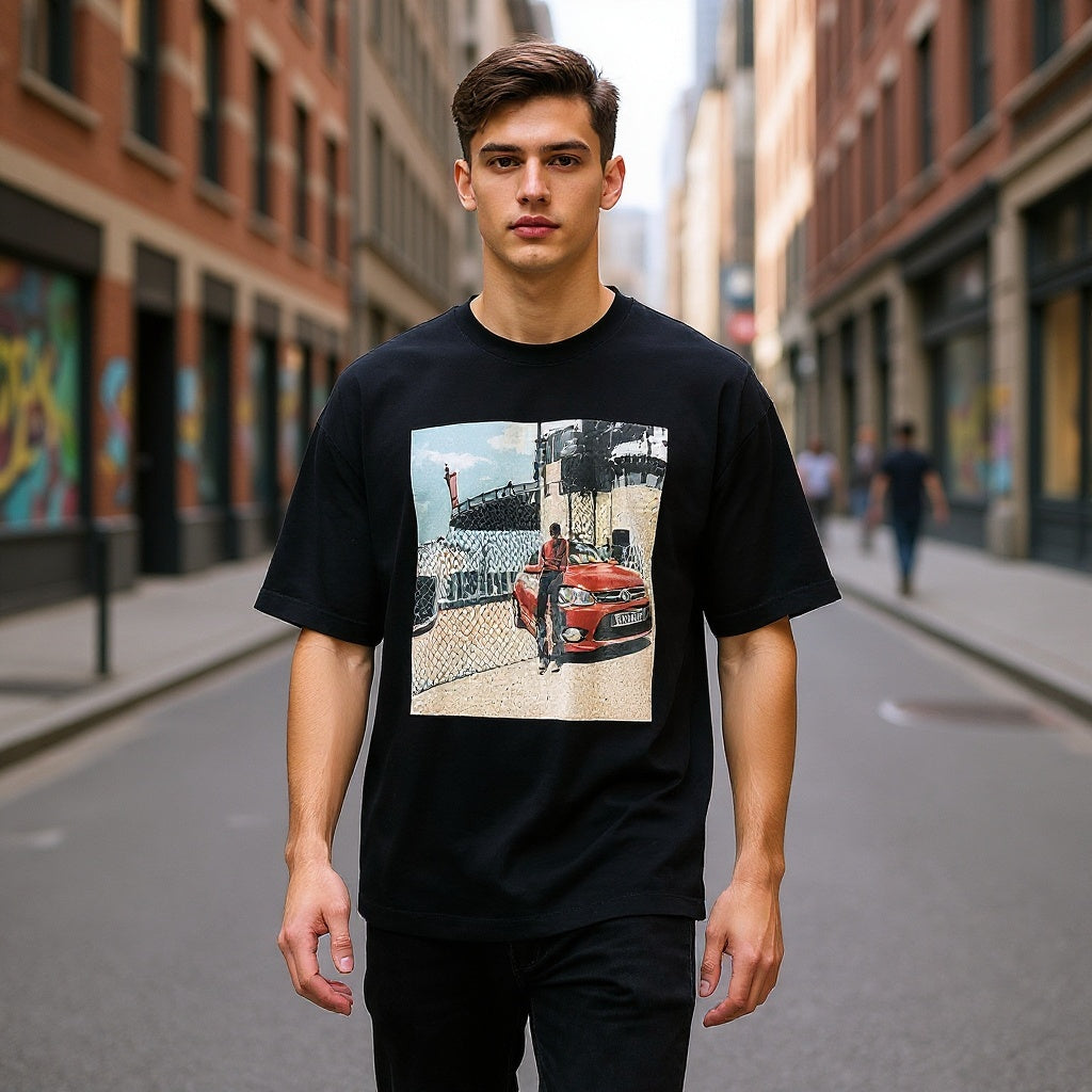 Unisex Cotton Blend T-Shirt in urban street setting, casual wear, natural lighting