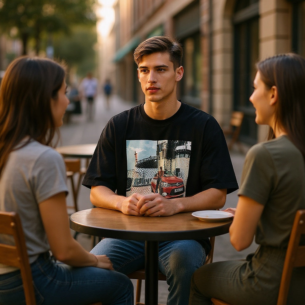 Unisex Cotton Blend T-Shirt in a relaxed home environment, lounging style, editorial shot