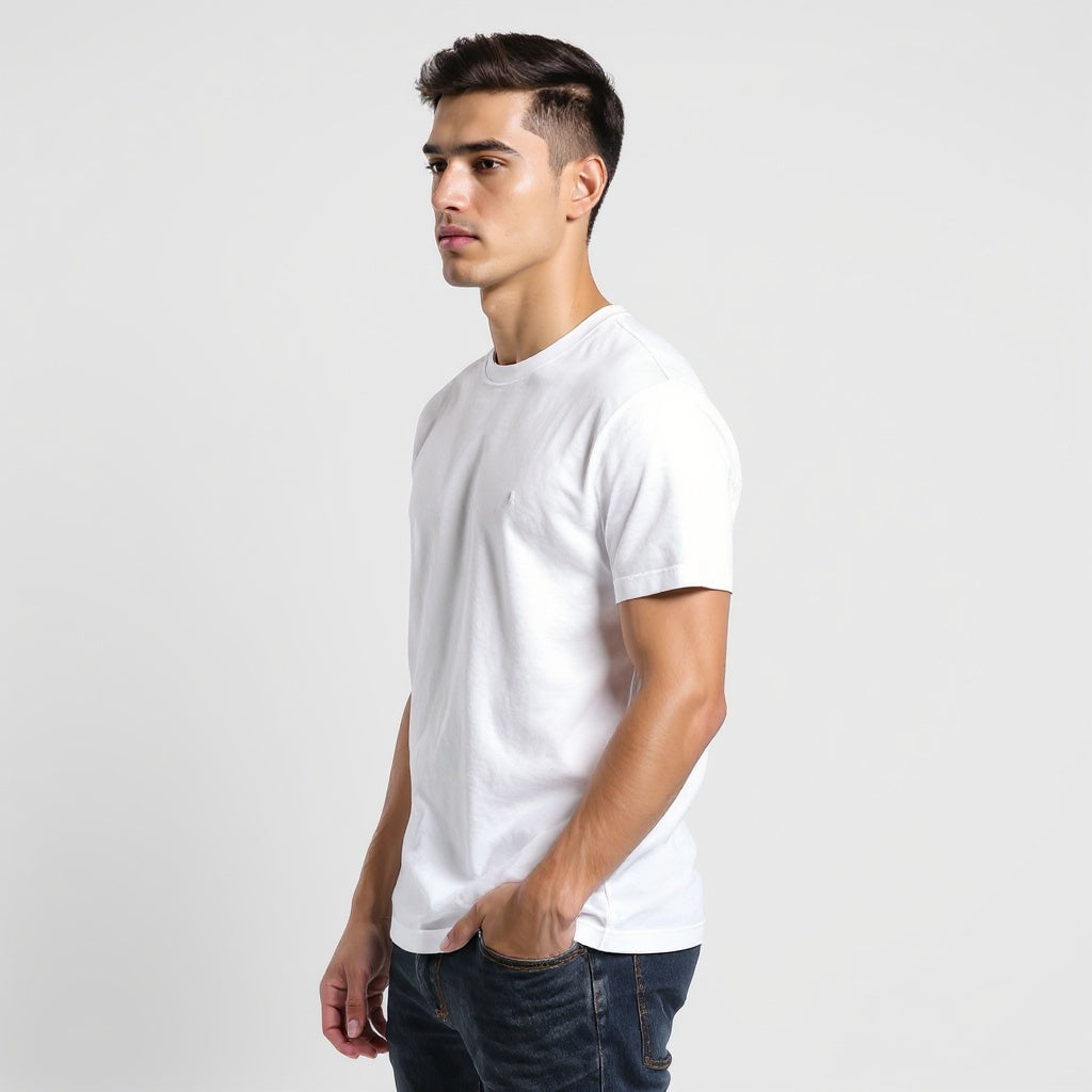 Unisex Cotton T-Shirt from alternative angle showing side profile and stitching details