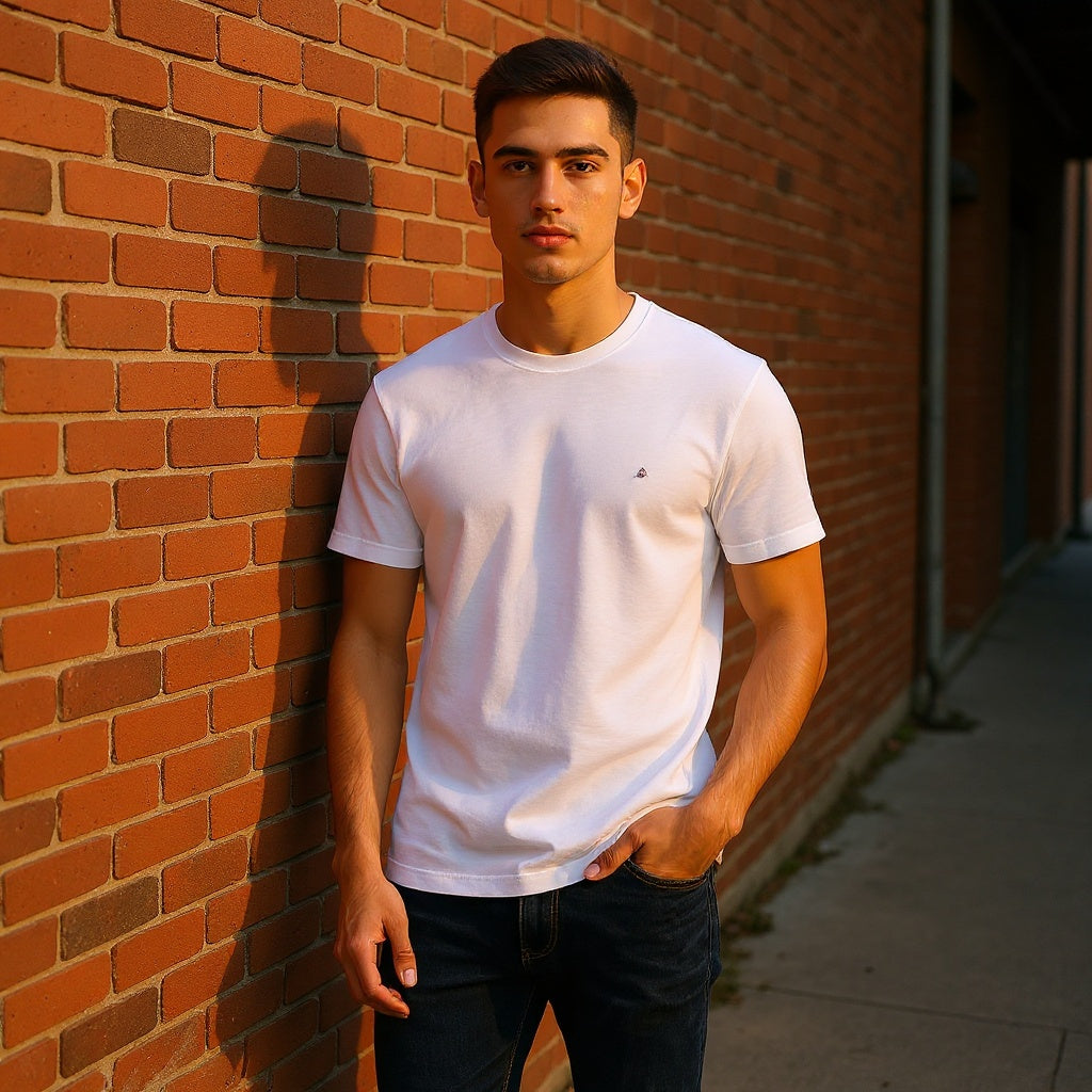 Unisex Cotton T-Shirt in urban street setting, casual everyday wear, natural lighting