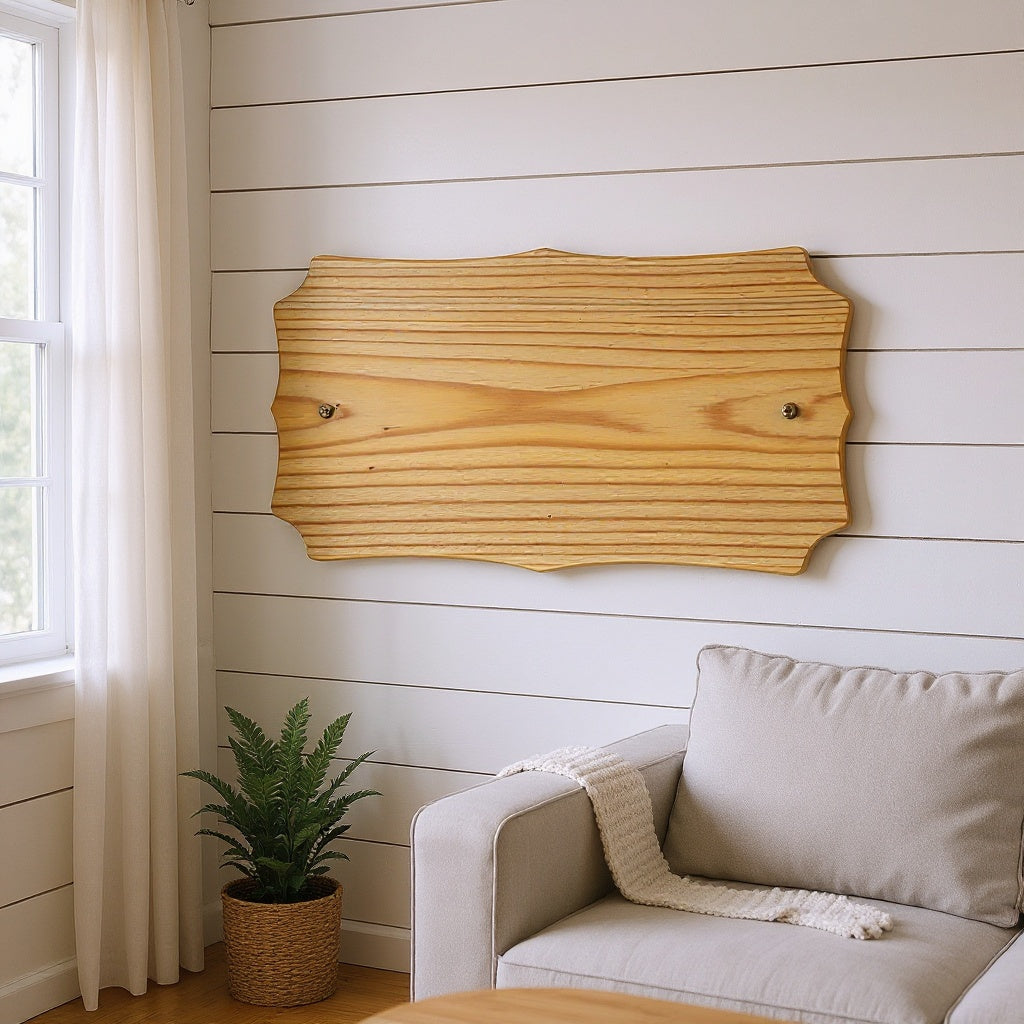 Wood Wall Sign in farmhouse living room setting, above couch, natural lighting
